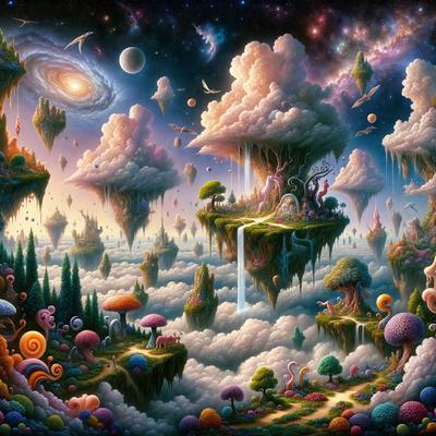 The primary subject of the image is a whimsical, fantastical landscape featuring a variety of surreal elements. The setting is a cloudy sky, and the background consists of a series of floating islands, mushrooms, and other fantastical creatures. The visual style is a combination of digital art and illustration, creating a vibrant and imaginative scene. The colors and mood are predominantly bright and cheerful, with a sense of wonder and playfulness.